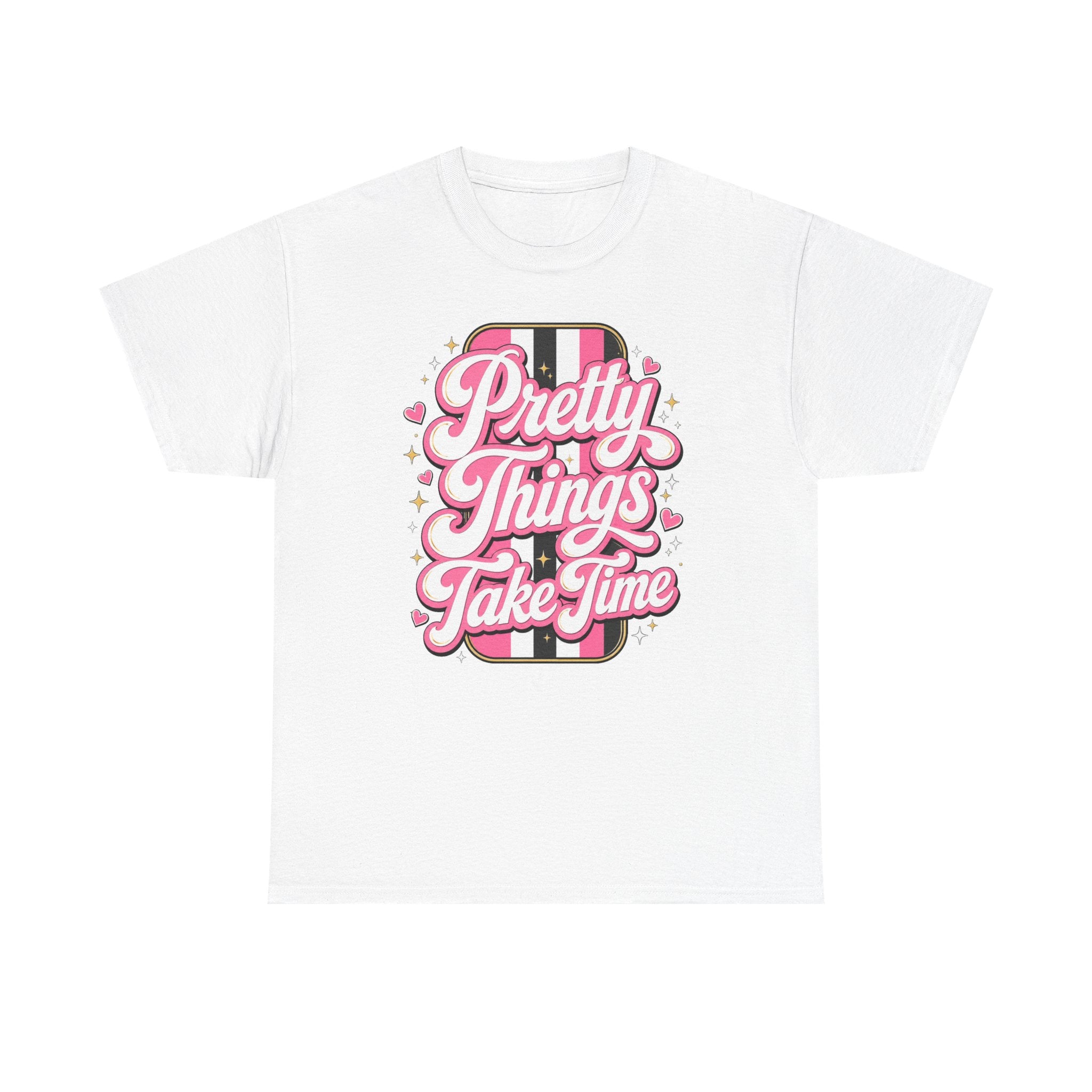 Pretty Things Take Time T-Shirt — Inspirational Pink Script Graphic Tee
