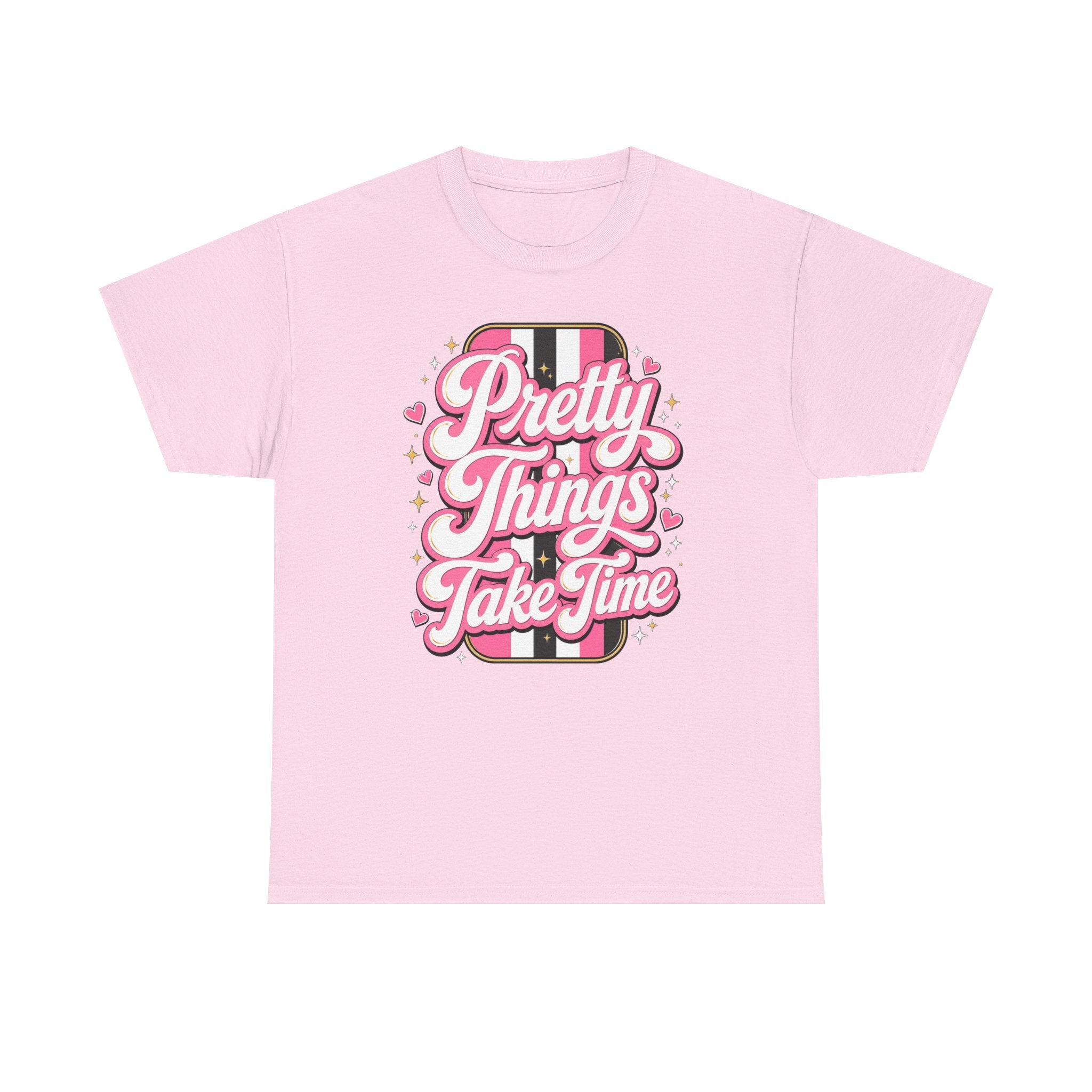 Pretty Things Take Time T-Shirt — Inspirational Pink Script Graphic Tee