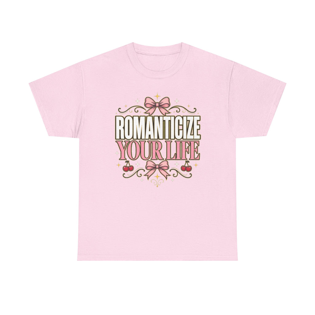 Romanticize Your Life T-Shirt | Pink Bows Vintage Typography