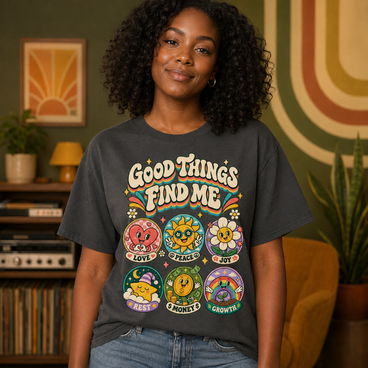 Good Things Find Me T-Shirt — Retro Positive Vibes Graphic Tee