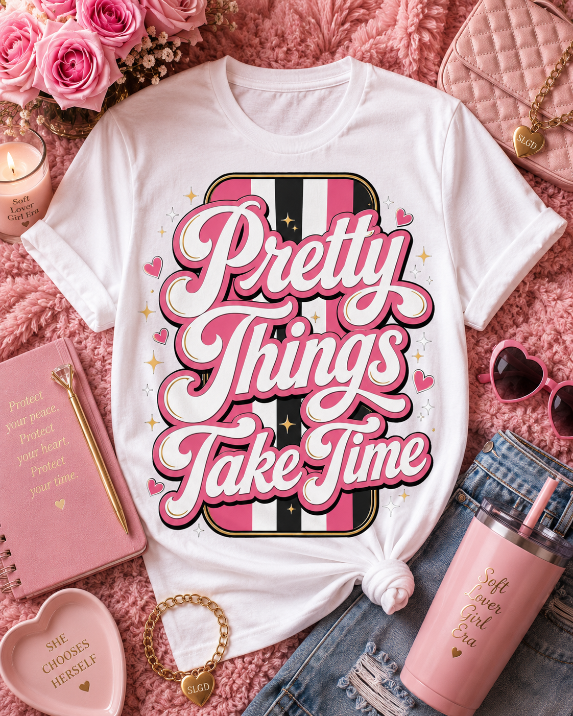 Pretty Things Take Time T-Shirt — Inspirational Pink Script Graphic Tee