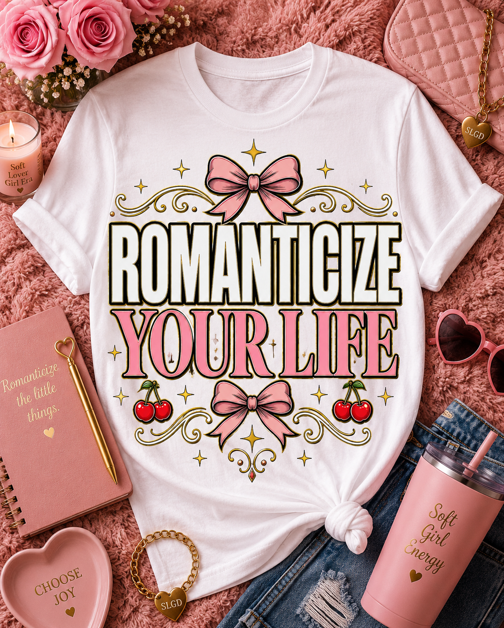 Romanticize Your Life T-Shirt | Pink Bows Vintage Typography