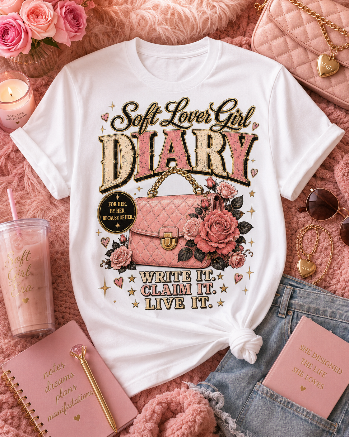 Soft Lover Girl Diary T‑Shirt — Vintage Pink Floral Journal Graphic Tee