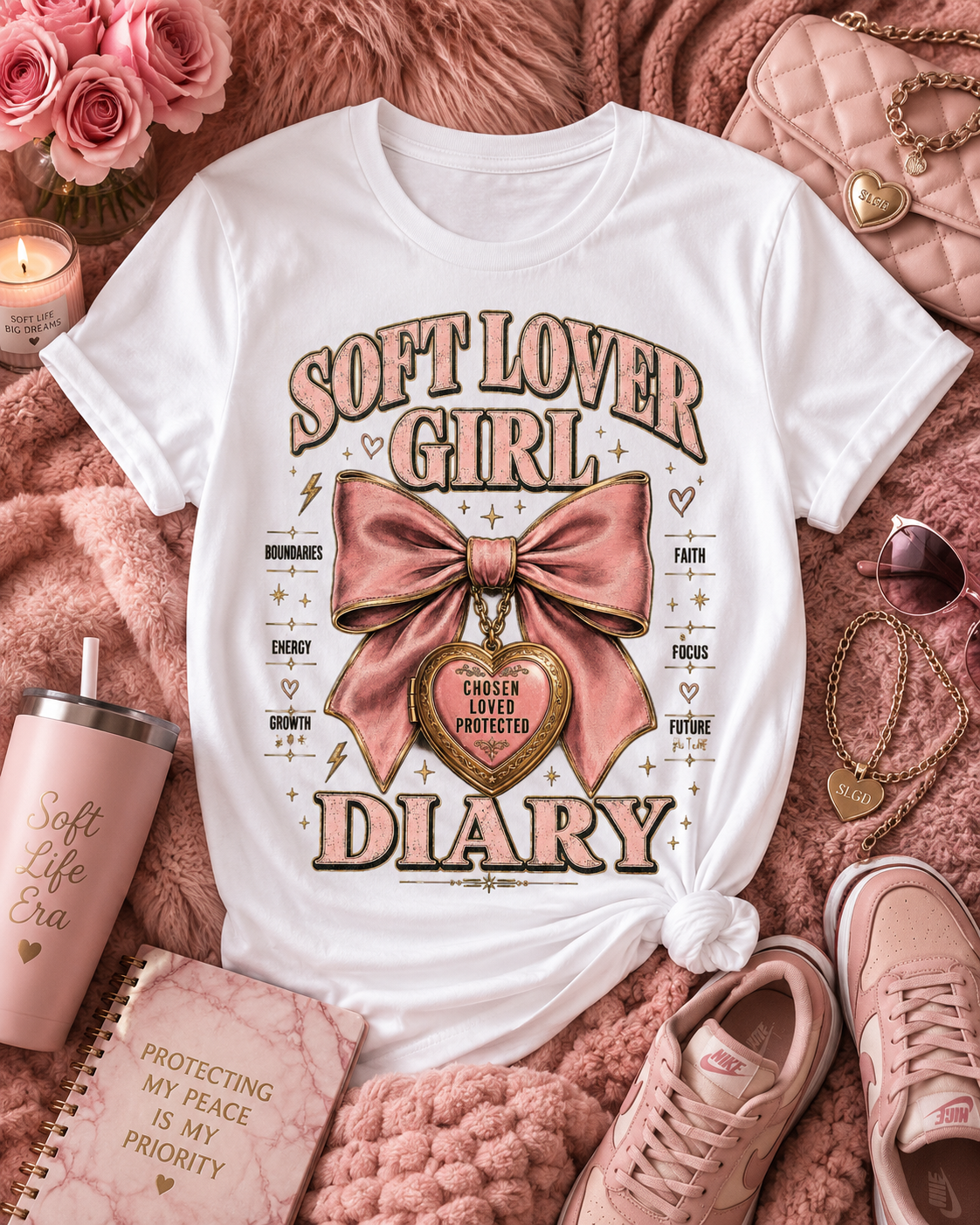 Soft Lover Girl Diary Tee | Pink Bow Heart Graphic