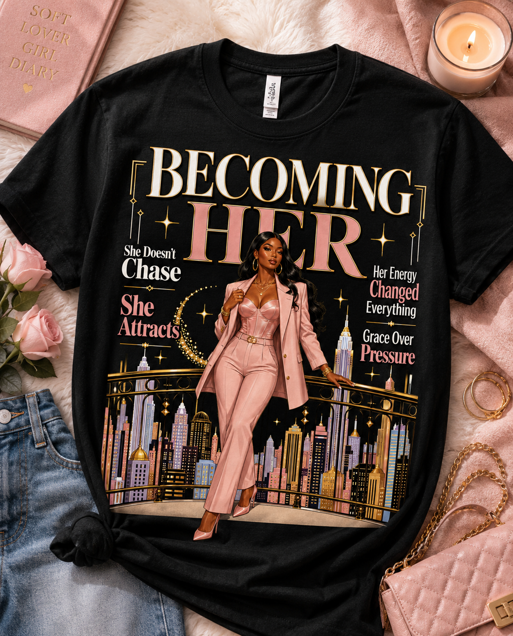 Becoming Her Graphic Tee — Empowering Feminine Glow Illustration