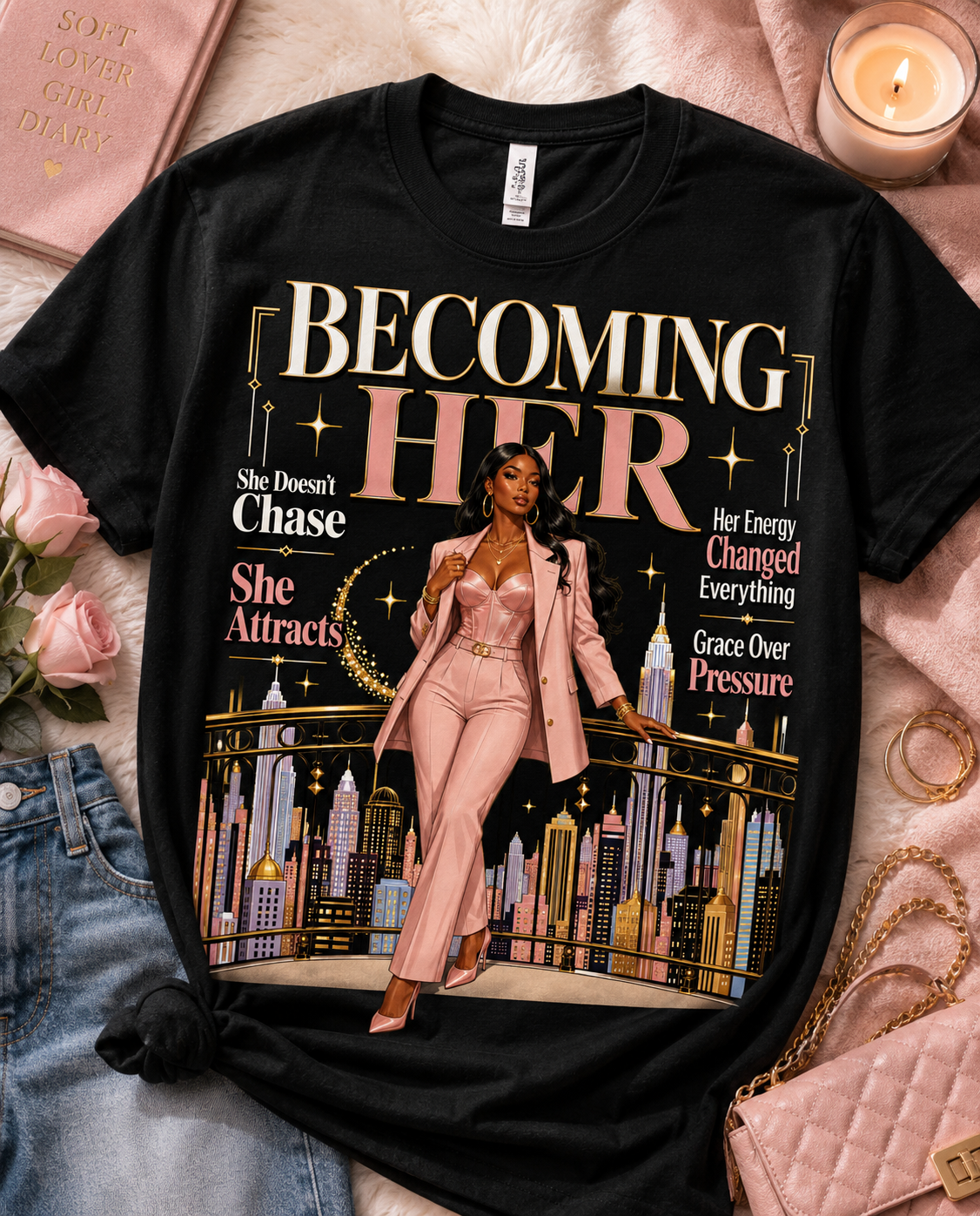 Becoming Her Graphic Tee — Empowering Feminine Glow Illustration