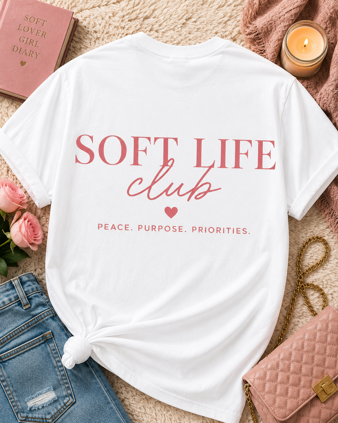 Soft Life Club T‑Shirt — "Peace. Purpose. Priorities." Relaxed Graphic Tee