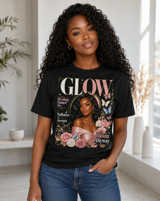 Glow Bloom Tee — "Glow" Floral Graphic T-Shirt