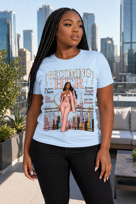 Becoming Her Graphic Tee — Empowering Feminine Glow Illustration