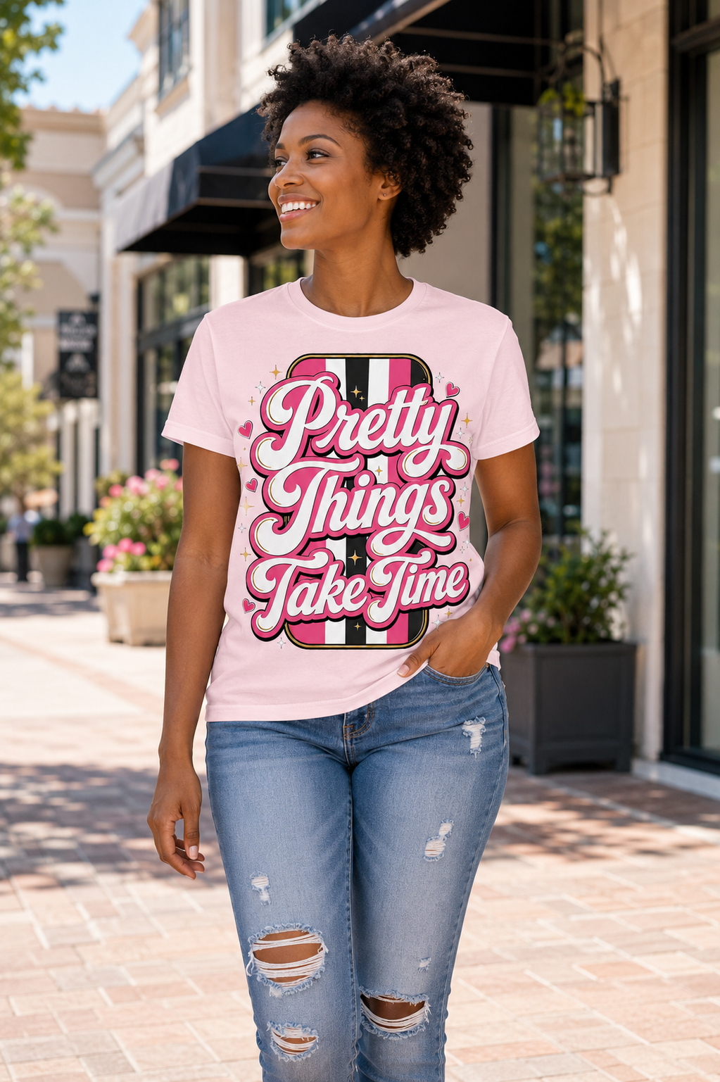 Pretty Things Take Time T-Shirt — Inspirational Pink Script Graphic Tee