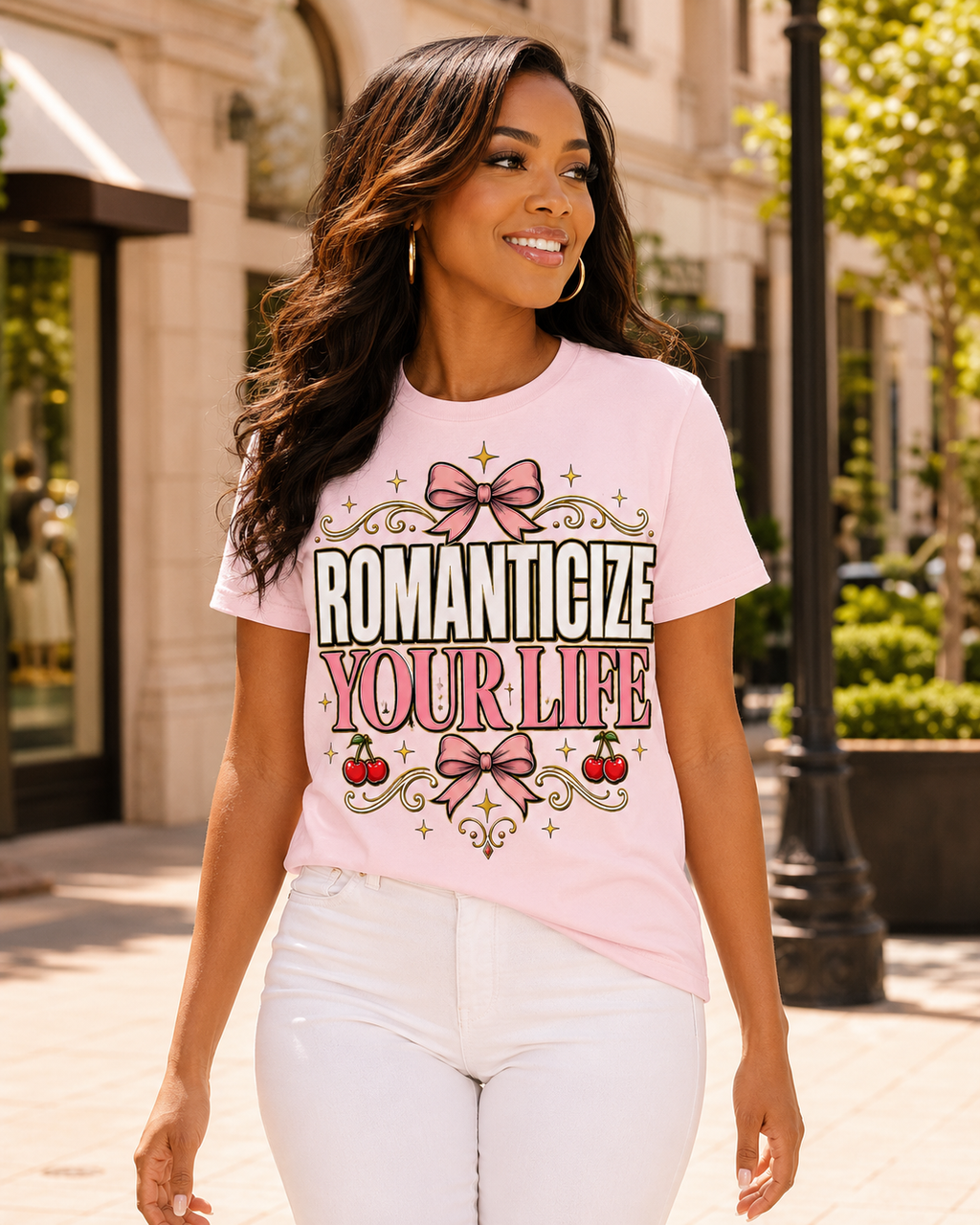 Romanticize Your Life T-Shirt | Pink Bows Vintage Typography