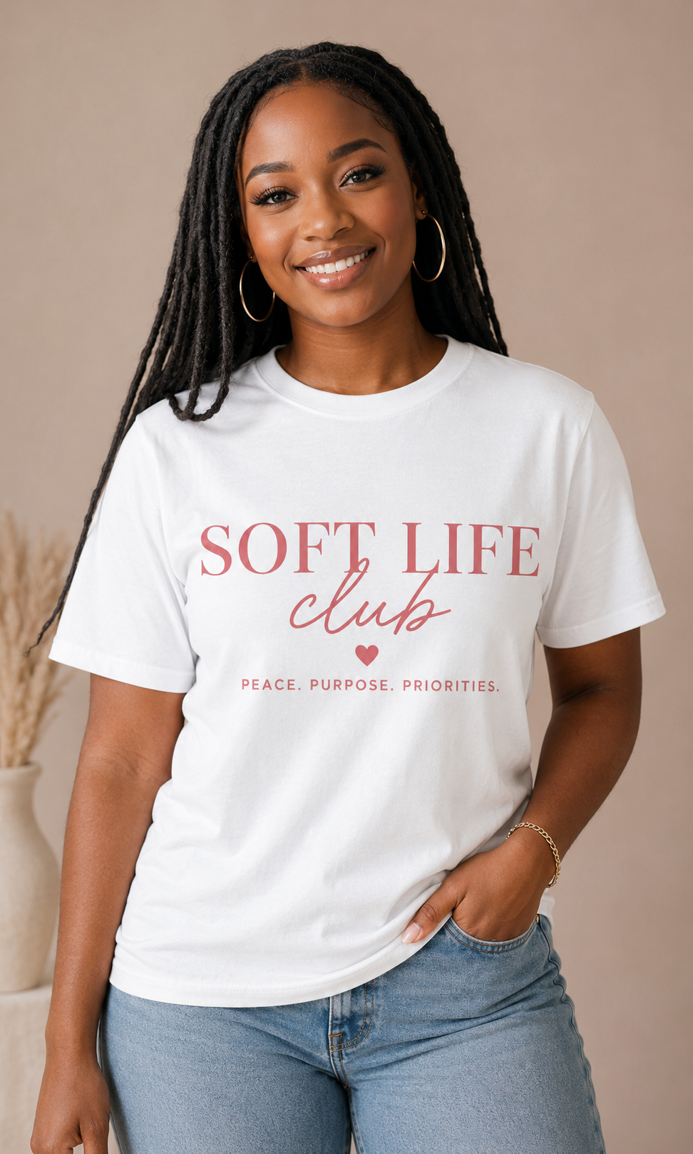 Soft Life Club T‑Shirt — "Peace. Purpose. Priorities." Relaxed Graphic Tee