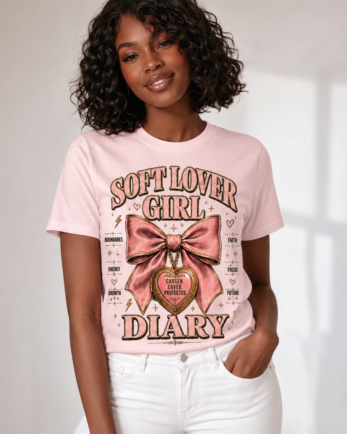 Soft Lover Girl Diary Tee | Pink Bow Heart Graphic